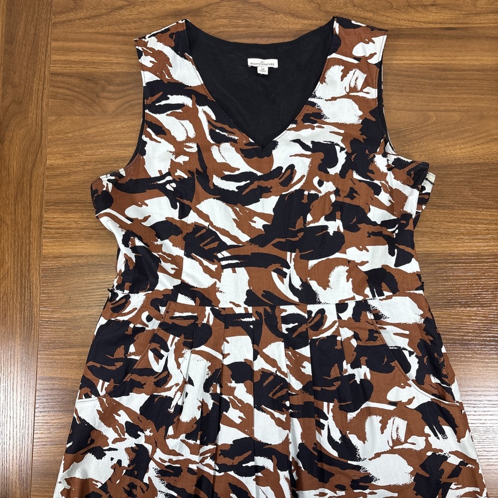 LL Bean White Brown Black Signature V Neck Full Skirt Knee Length Tank Dress 14 - Picture 3 of 10